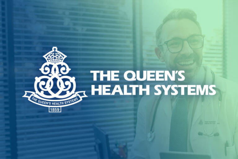 Queen's logo placed over blue and green background with man smiling behind.