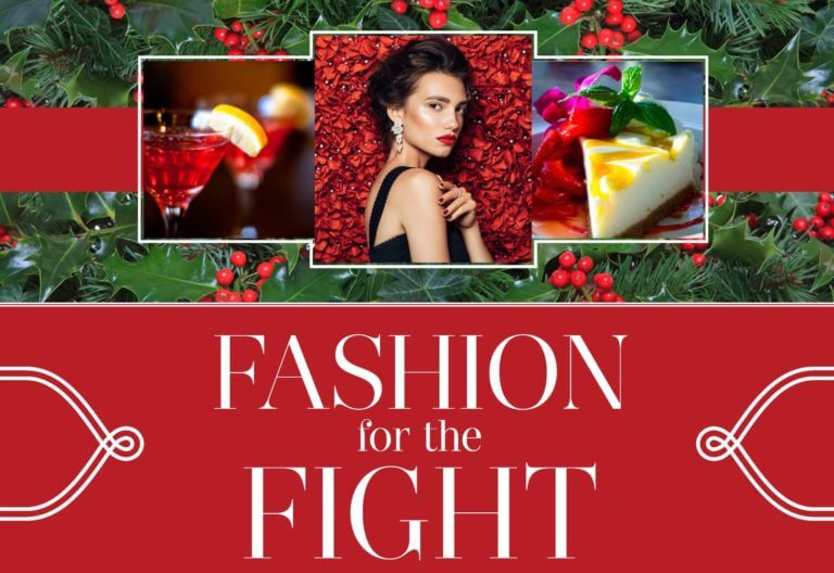 Poster with "Fashion for the Fight" title, model, cocktail, and fine dining dessert.