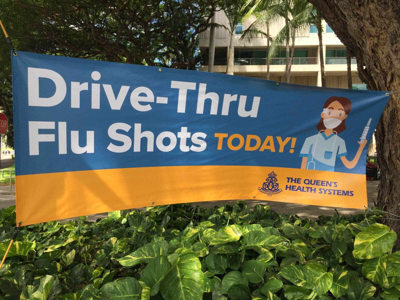 Banner with "Drive-Thru Flu Shots Today!" and Nurse graphic hanging from some trees outside.