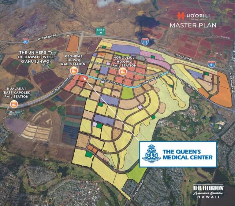 Satelite image of Ho'opili master plan with areas designated by color.