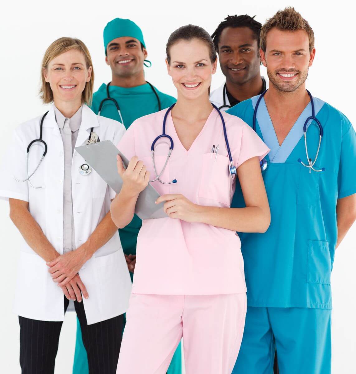 Team of medical staff wearing stethoscopes and smiling.