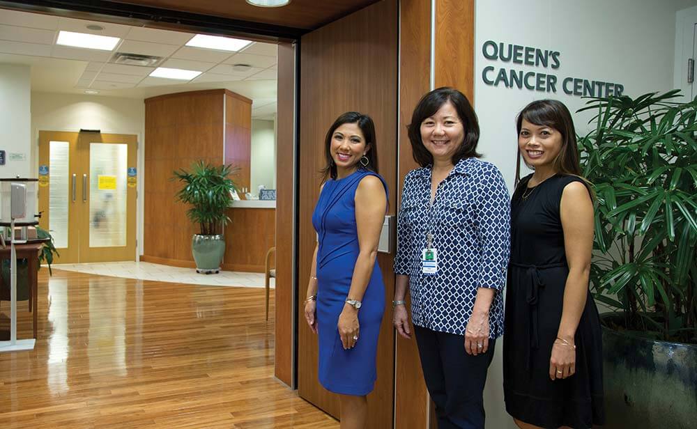 3 Woman stand at the Cancer Center entrance.