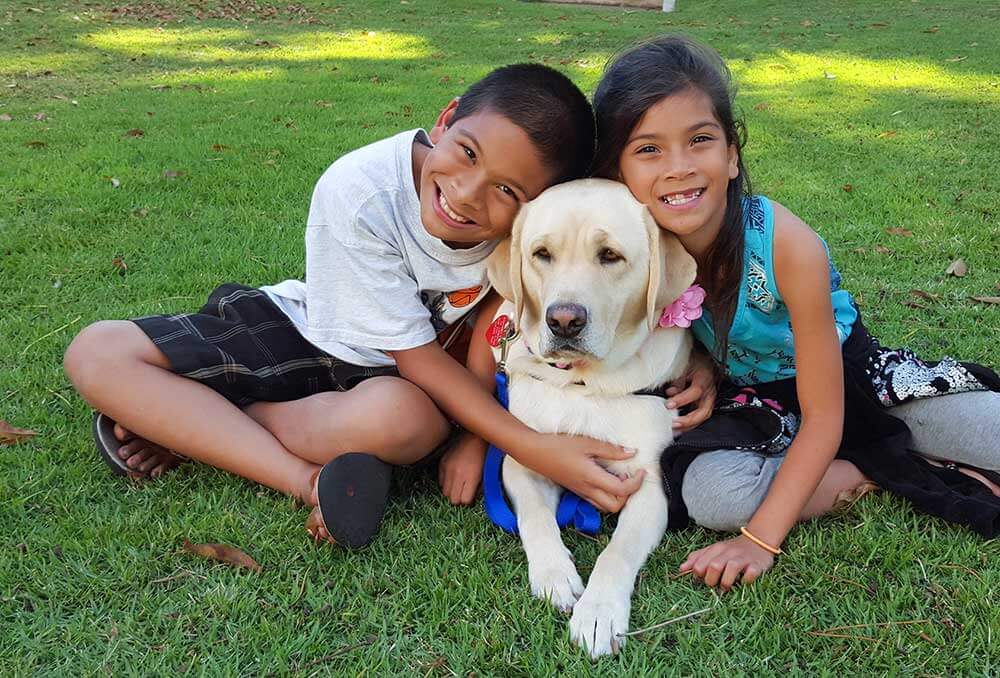 Two children site and hug Labrador therapy dog.